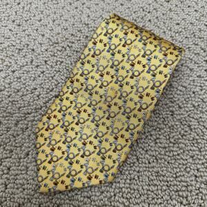 Salvatore Ferragamo Silk Necktie Tie Bugle Horn French Horn Italy Yellow Gold